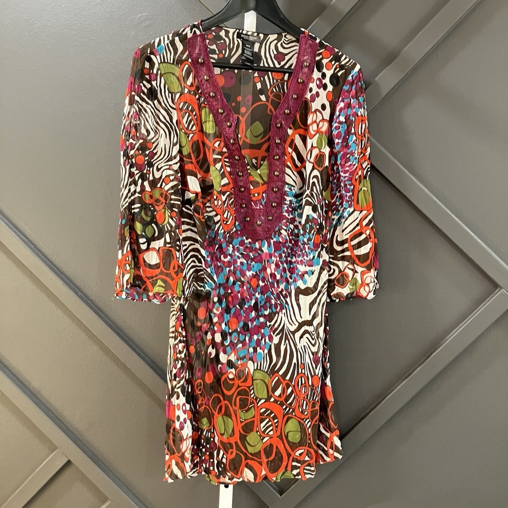 Bisou Bisou Michele Bohbot Womens Sheer Tunic Top Beaded 3/4 Sleeve M Print